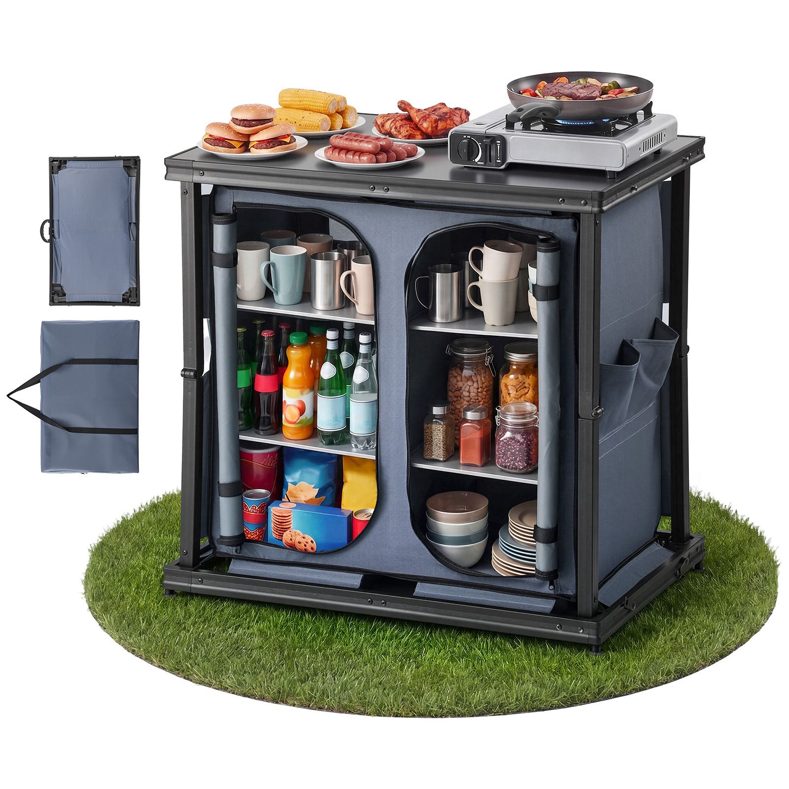 Camping Cooking Set Compact - Opvouwbare campingopbergkast, draagbare aluminium lichtgewicht tafel