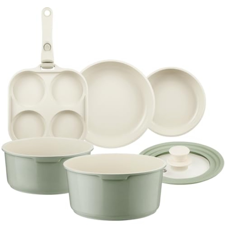 Camping Cooking Set Detachable Handle - Keramische pannenset antiaanbaklaag groen, 7-delige antiaanbak
