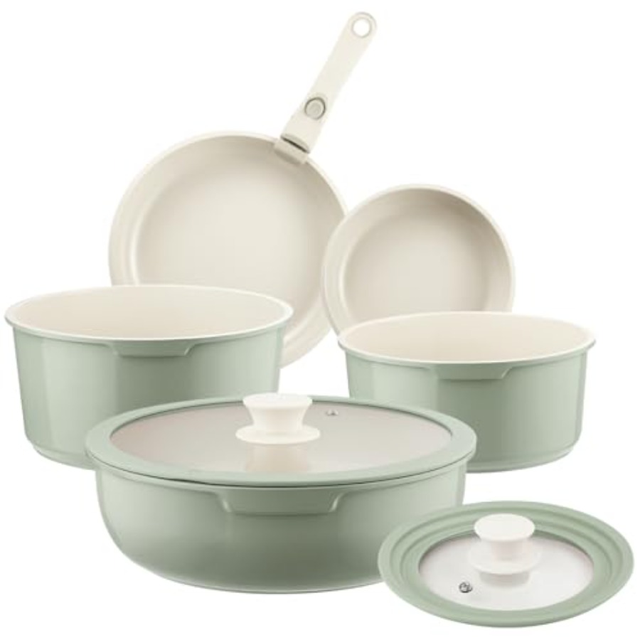 Camping Cooking Set Detachable Handle - Keramische pannenset antiaanbaklaag groen, 8-delige antiaanbak
