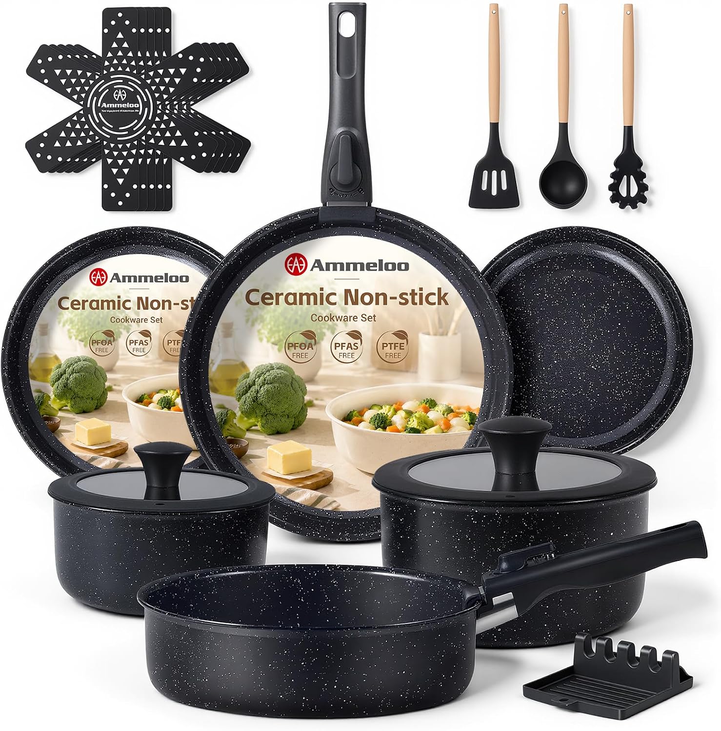 Camping Cooking Set Detachable Handle - 21-delige antiaanbakset pannen en potten, keramisch