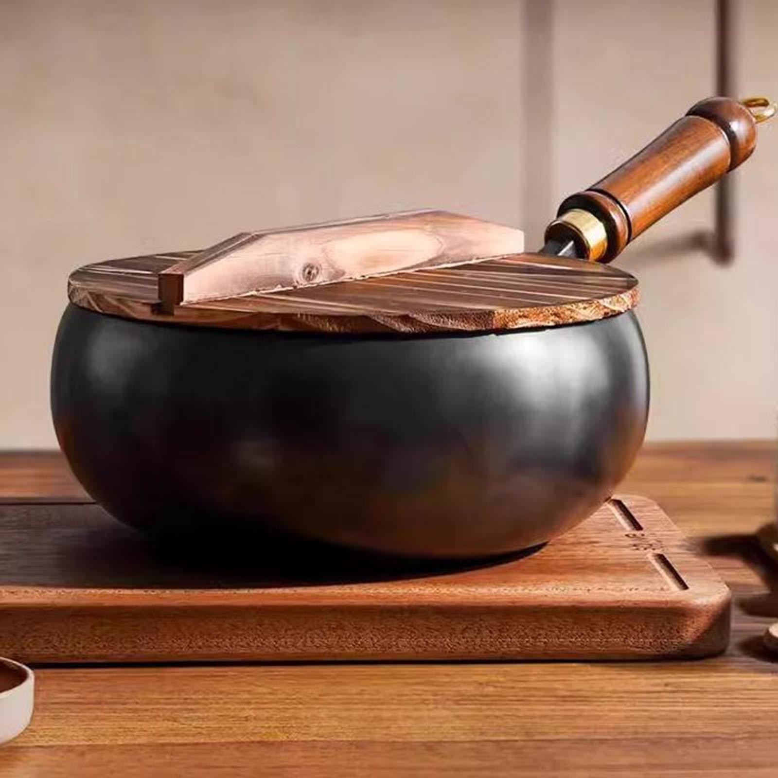Camping Cooking Cast Iron - Niet-gecoate wok Chinese wok Houten deksel
