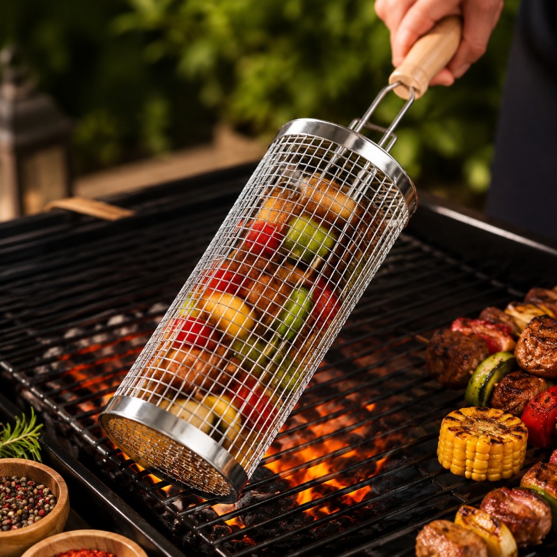 Camping Cooking Meat - Ronde barbecue grillmandset van roestvrij staal,