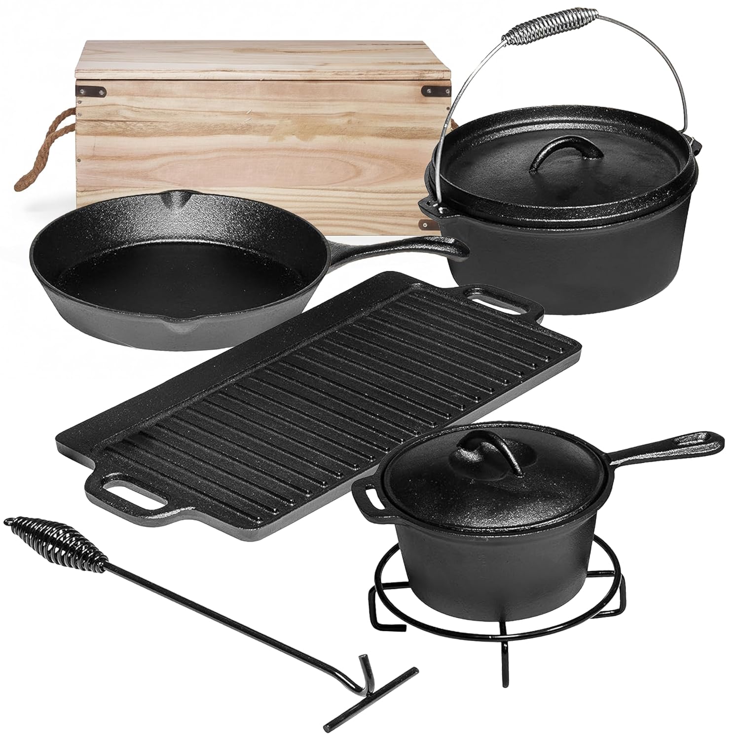 Camping Cooking Cast Iron - Camping kookset van 7 delen. Voorgekruide