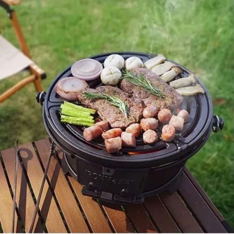 Camping Cooking Cast Iron - Ronde houtskoolgrill, voedselveilige gietijzeren BBQ voor